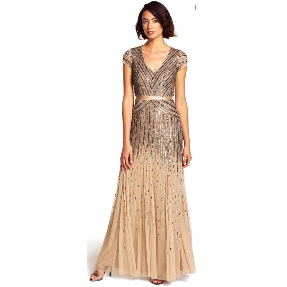 Beaded V-Neck Gown w/ Cap Sleeve